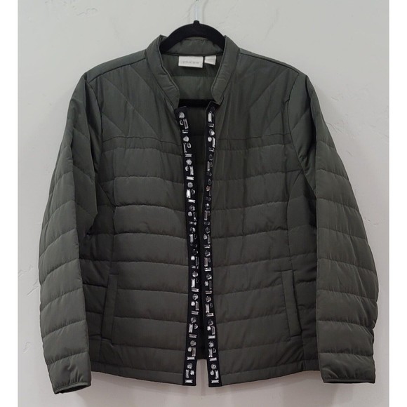 Chico's Open Front Boho Quilted Jacket Olive Green with Crystal Jeweled sz.2 - Picture 1 of 8